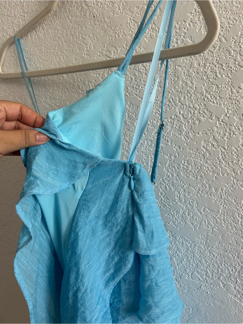 Billy J Cassidi Blue Asymmetrical One Shoulder Ruffle Tier Mini Dress - Picture 7 of 9